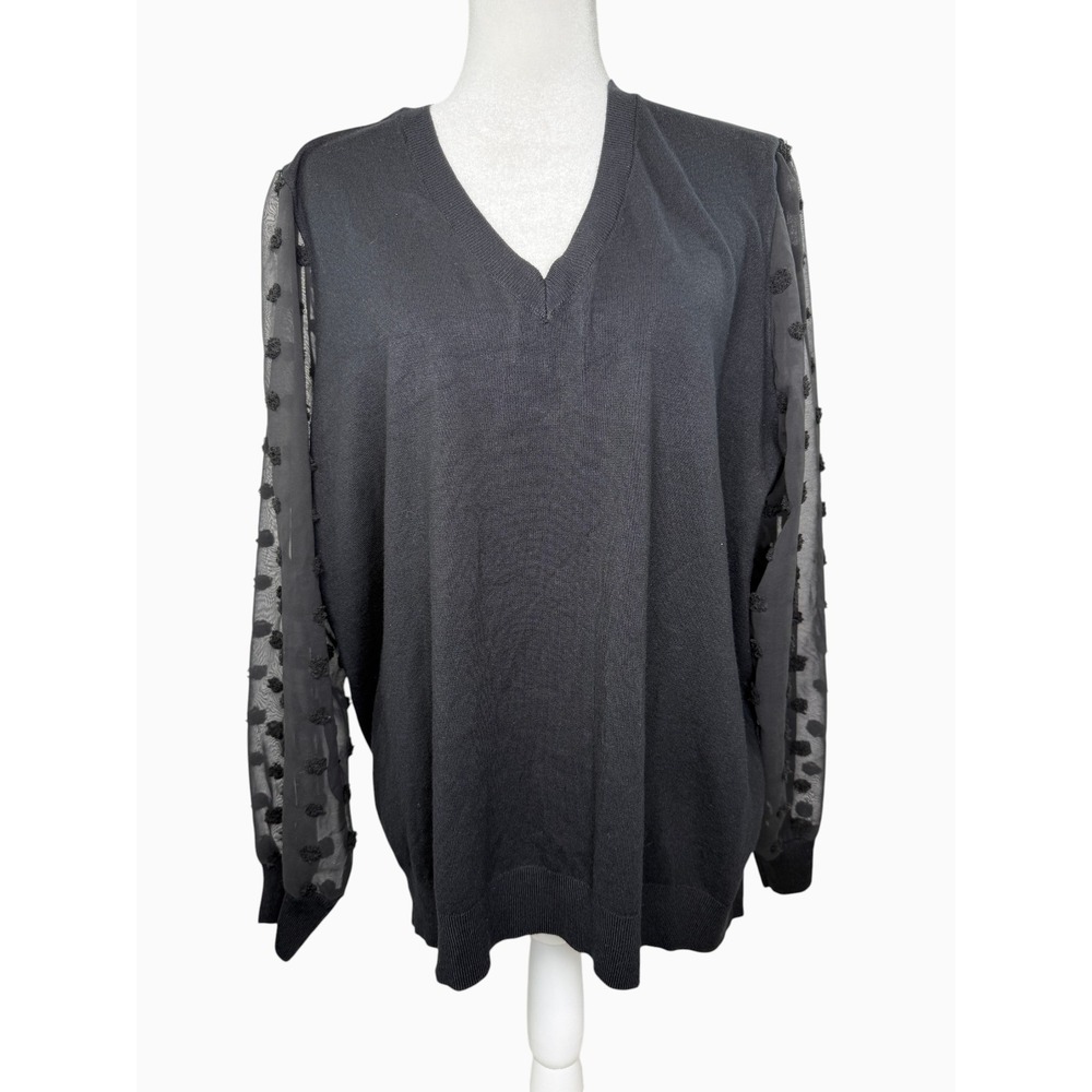 Les Serein Rehannin Women's 3X Black Sheer Textured Sleeve V Neck Sweater NWT